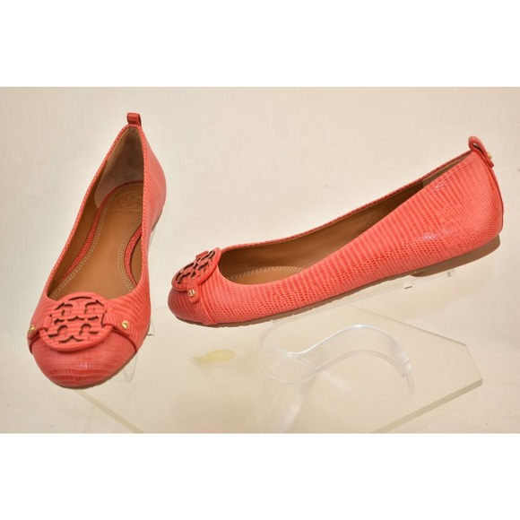 NIB TORY BURCH ORANGE MINI MILLER LIZARD PRINT LEATHER BIG REVA FLATS 8 BRAZIL - Picture 5 of 12